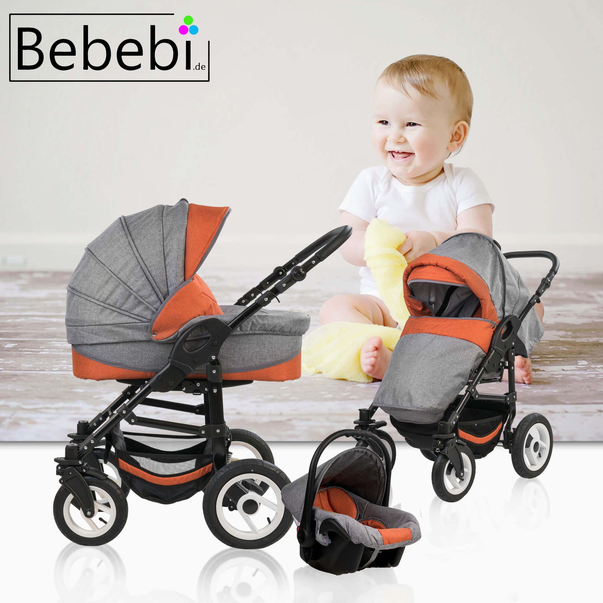 Bebebi Florenz 3 in 1 Kinderwagen Set Luftreifen, Spirito Orange Black