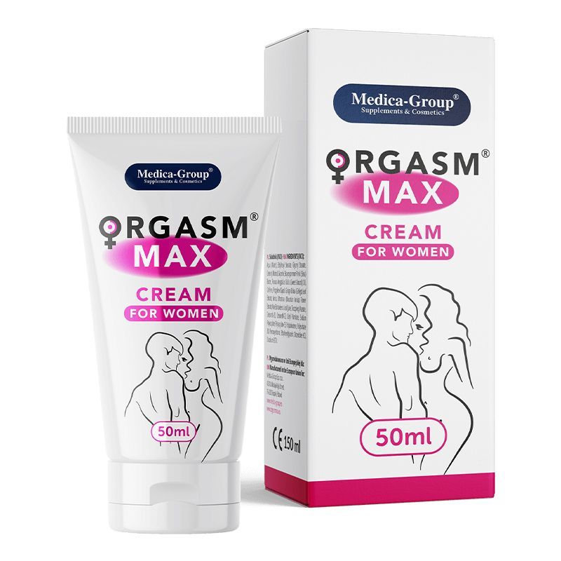 Produkt-Tube und Schachtel nebeneinander. Text: ORGASM MAX CREAM FOR WOMEN, 50ml. Illustrationen von Paaren. Logo Medica-Group.