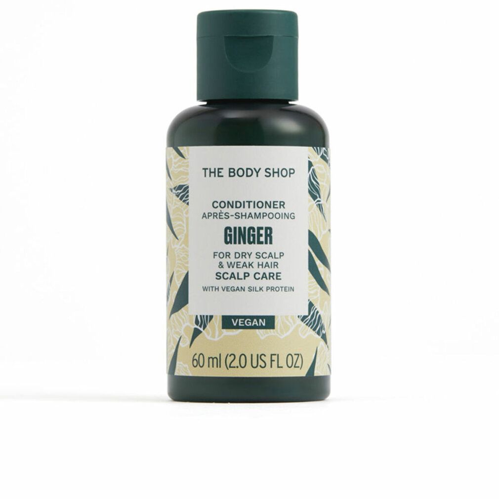 Konditionierer-Flasche. Dunkelgrüner Deckel, Etikett mit Produktnamen und Inhaltsstoffen. Vegan-Siegel. 60 ml.
