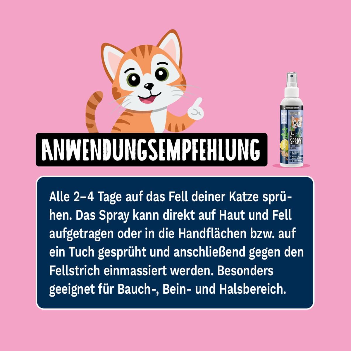 Anwendungsempfehlung für Tierliebhaber Z-Spray Katze mit Illustration einer Katze.