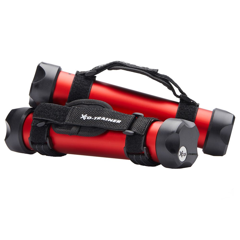 Rote Hanteln mit schwarzen Enden und Griffen. Schwarze Klettbänder mit Logo. Zwei Hanteln liegen übereinander.