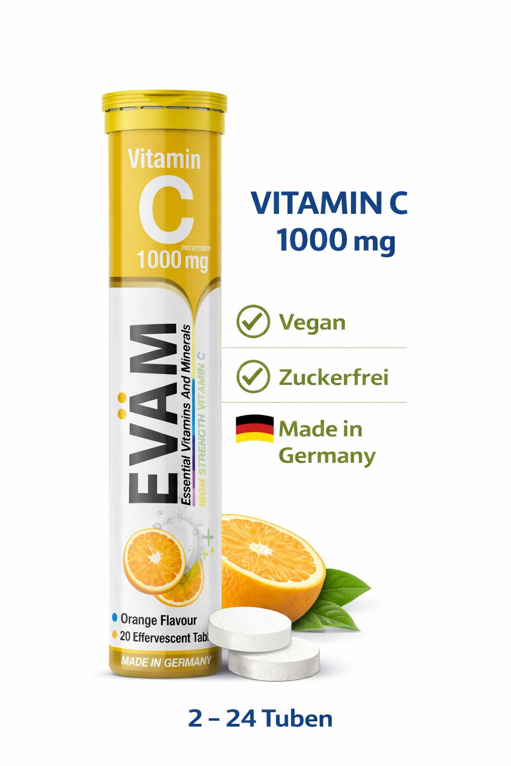 Gelbe Tube EVÄM Vitamin C 1000mg Brausetabletten. Aufschrift: Vitamin C, 1000mg, Vegan, zuckerfrei, Made in Germany. Orangen und Tabletten.