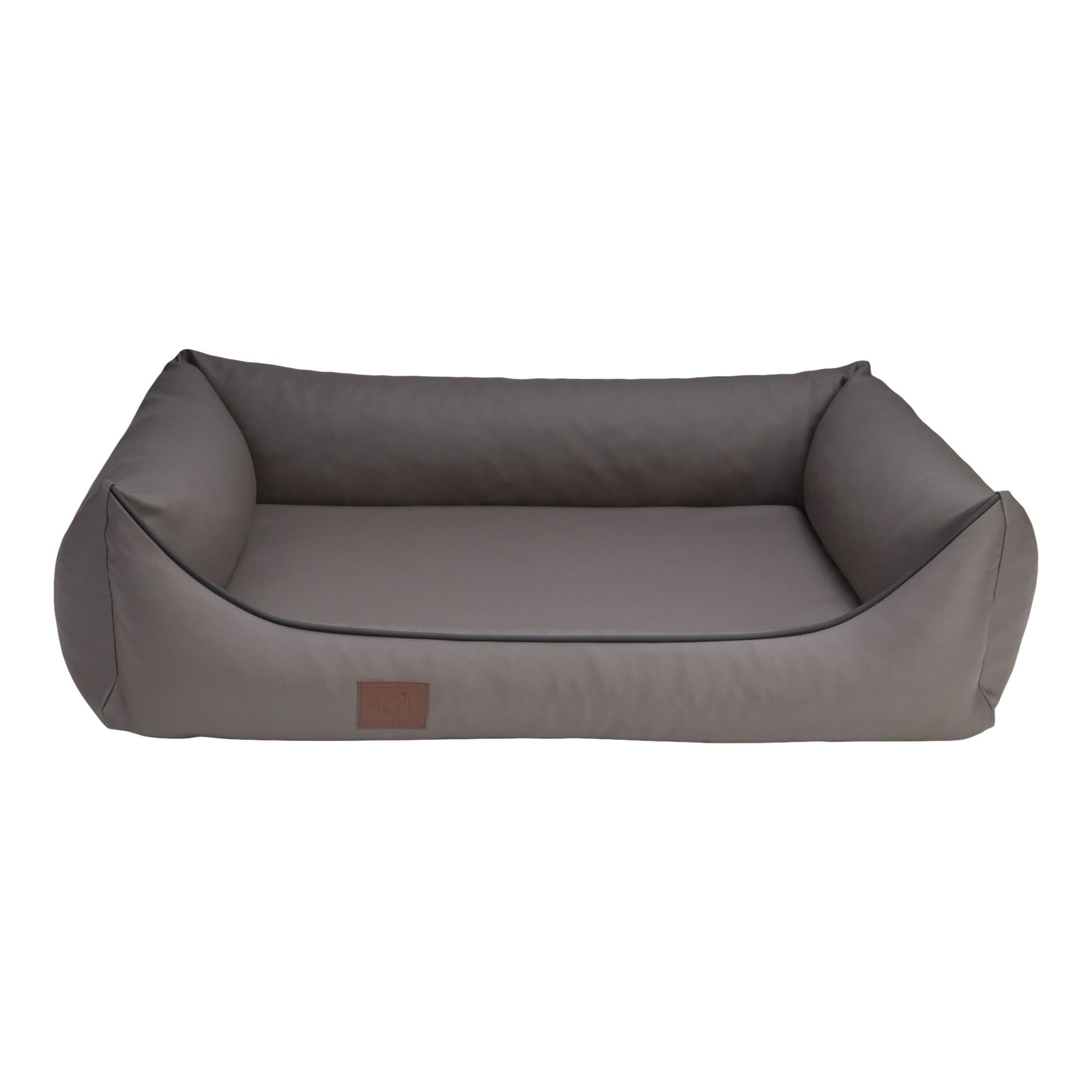 Hundebett, Kunstleder, Farbe Taupe. Rechteckige Form mit erhöhten Rändern. Braunes Label.