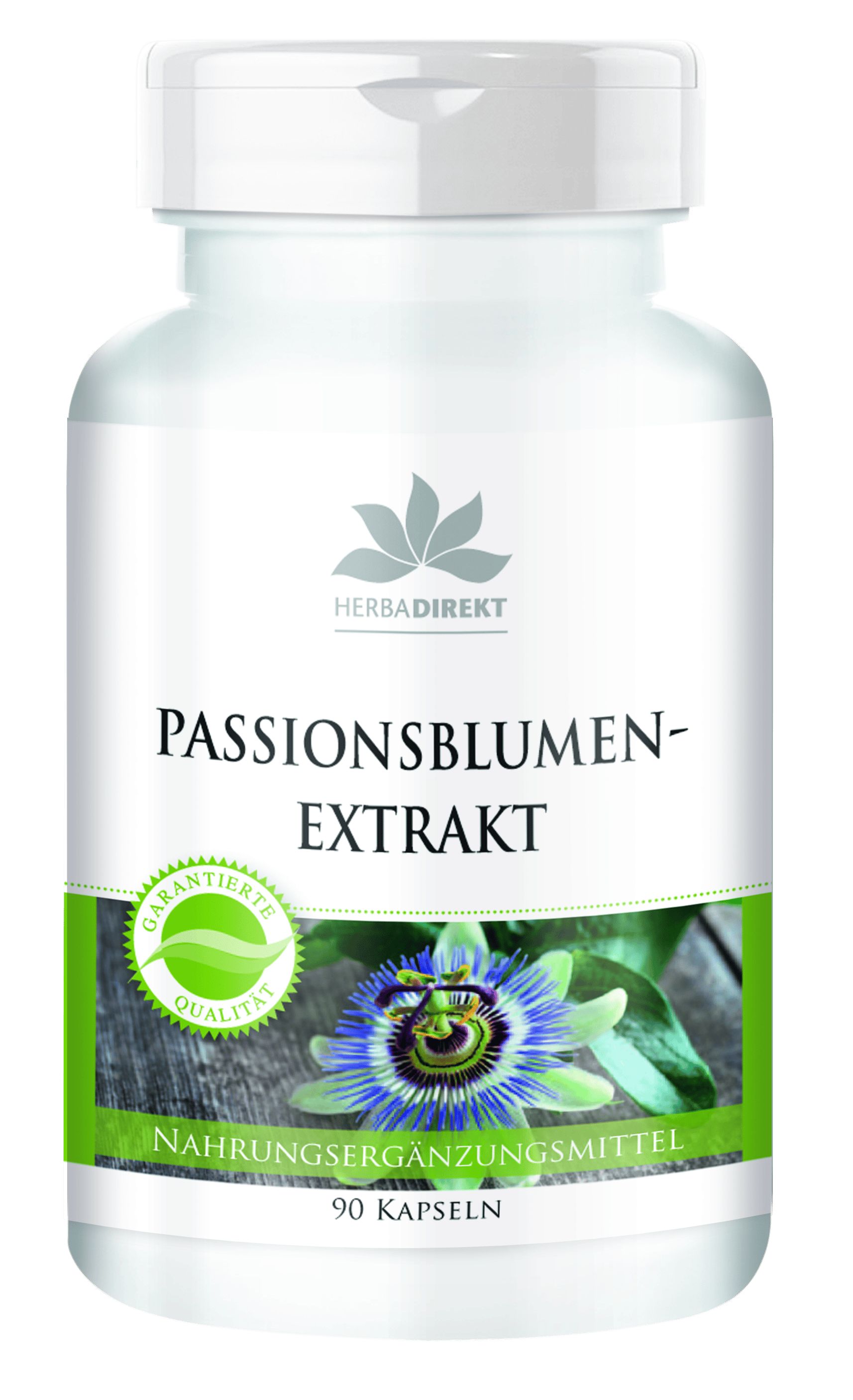 Weißes Pillenfläschchen mit grünem Etikett. Aufschrift: Passionsblumenextrakt, 90 Kapseln. Logo: Herbadirekt. Siegel: Garantierte Qualität. Abbildung: Passionsblume.
