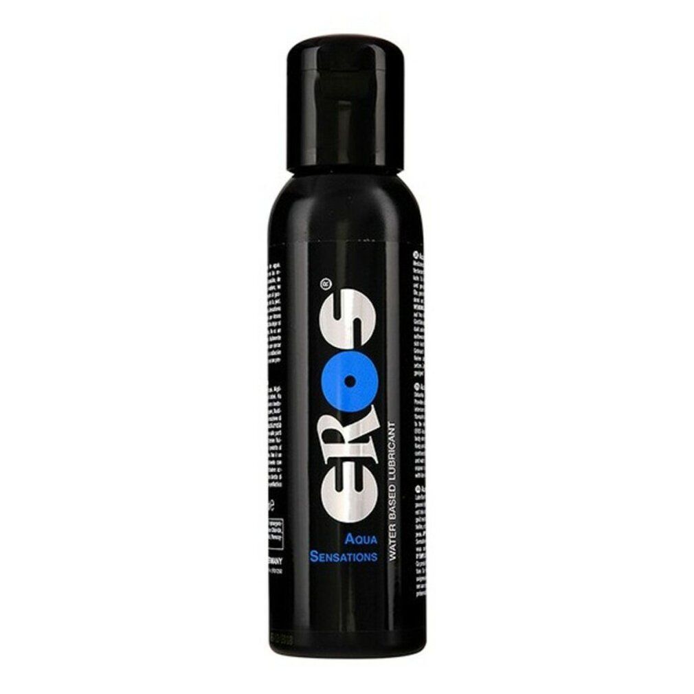 Schwarze Flasche mit Klappverschluss. Aufschrift "EROS" und "Aqua Sensations". Wasserbasiertes Gleitmittel.