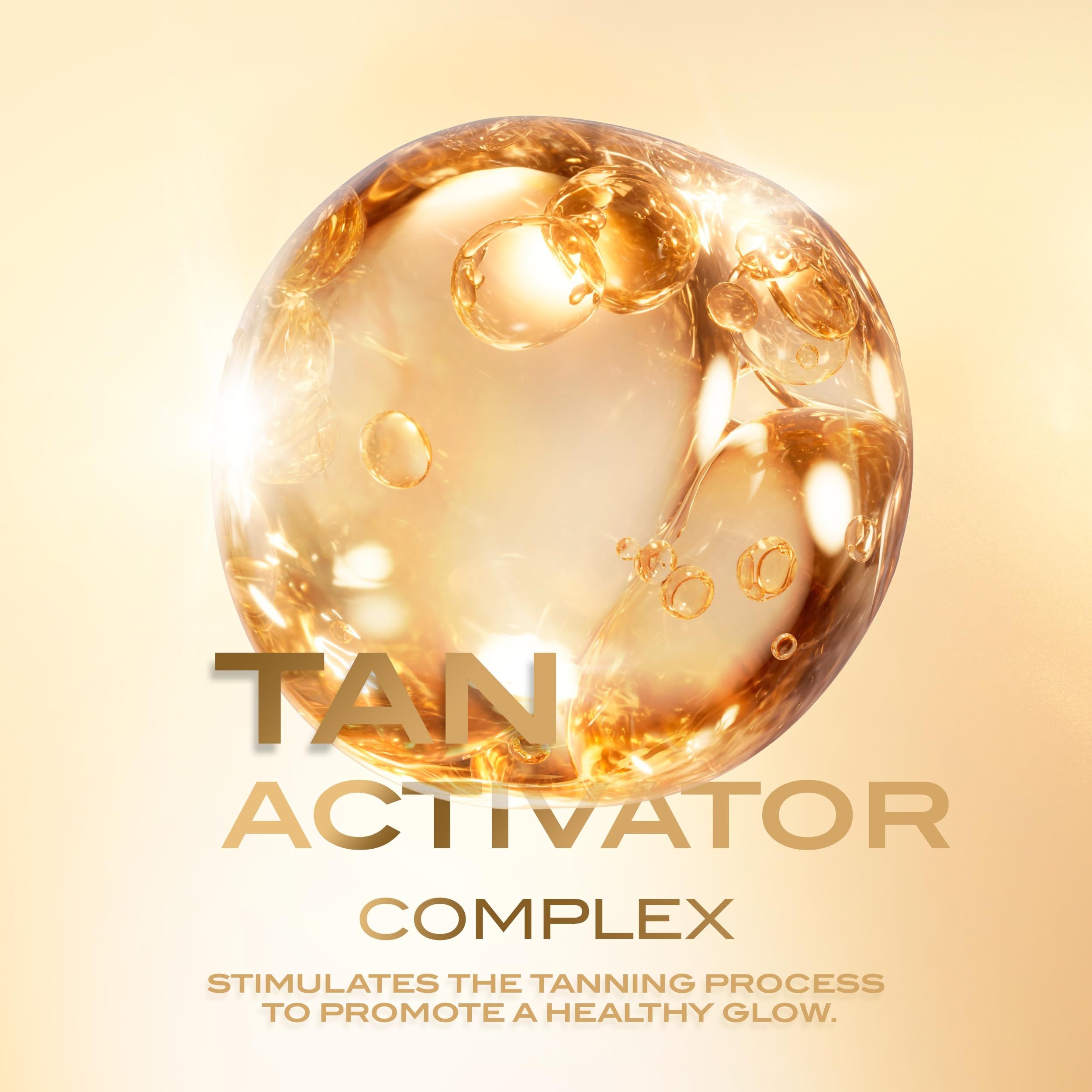 Goldene Kugel mit "TAN ACTIVATOR COMPLEX"-Text. Fördert gesunde Bräune.