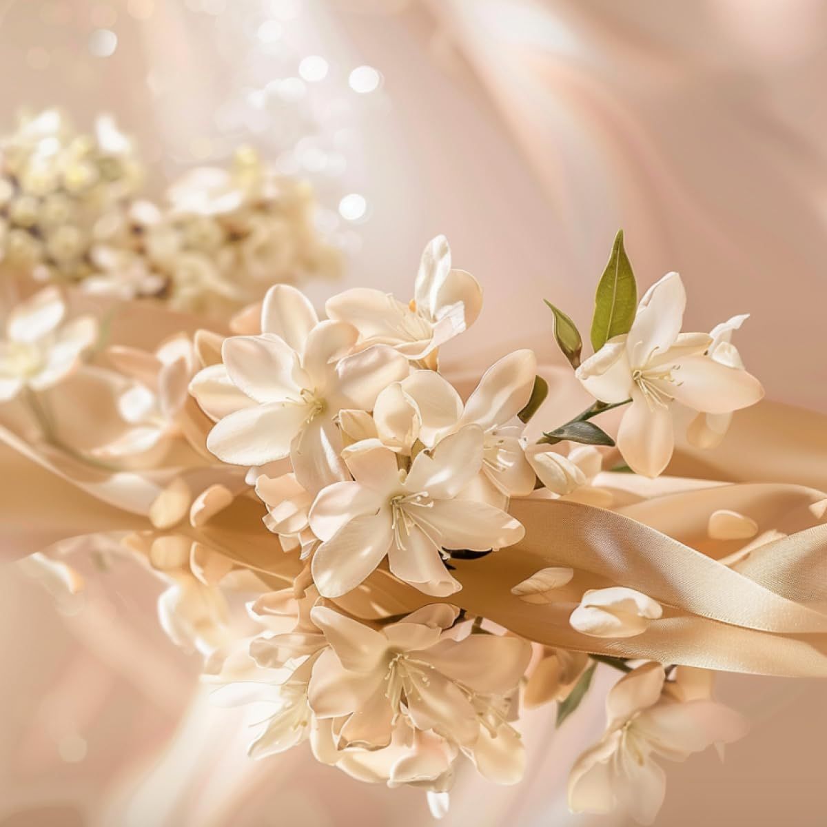 Weiße Blüten auf goldfarbenem Stoff. Blütenblätter und Blätter sind sichtbar. Hintergrund ist verschwommen.