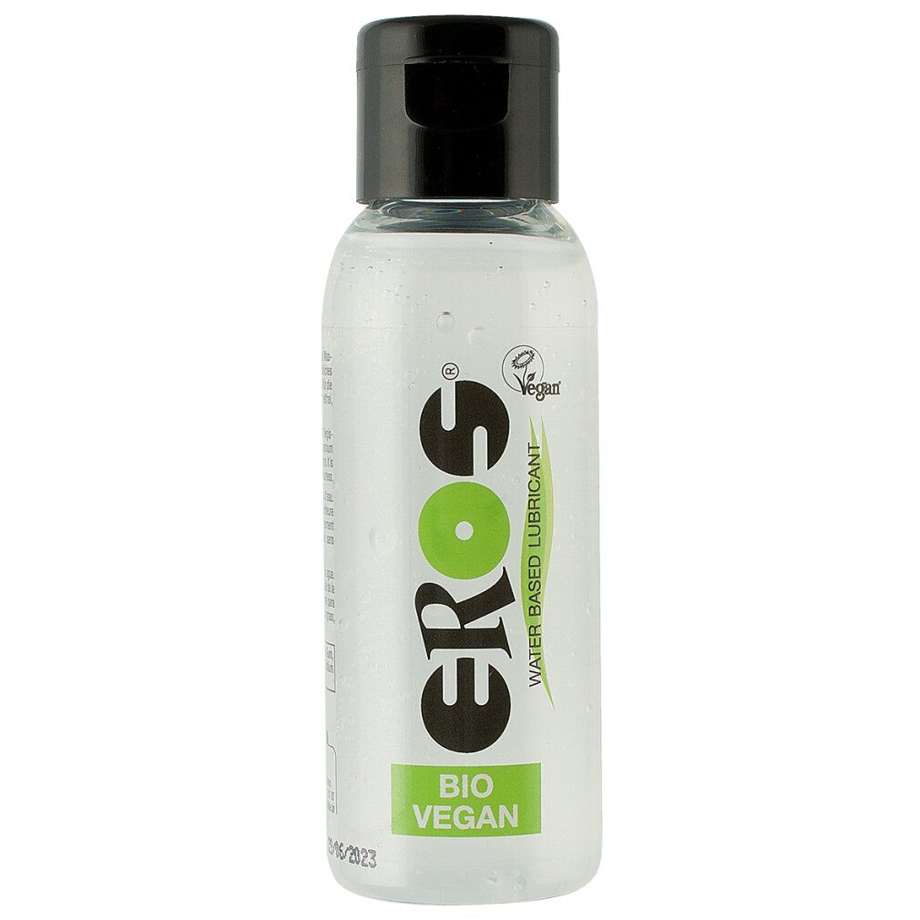 Klare Flasche mit schwarzem Deckel. Aufschrift: EROS, BIO VEGAN, Wasserbasiertes Gleitmittel. Vegan-Siegel.