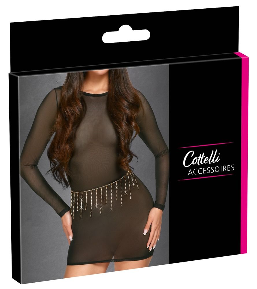 Schwarzes Netz-Kleid mit langen Ärmeln und einem Strass-Ketten-Gürtel.