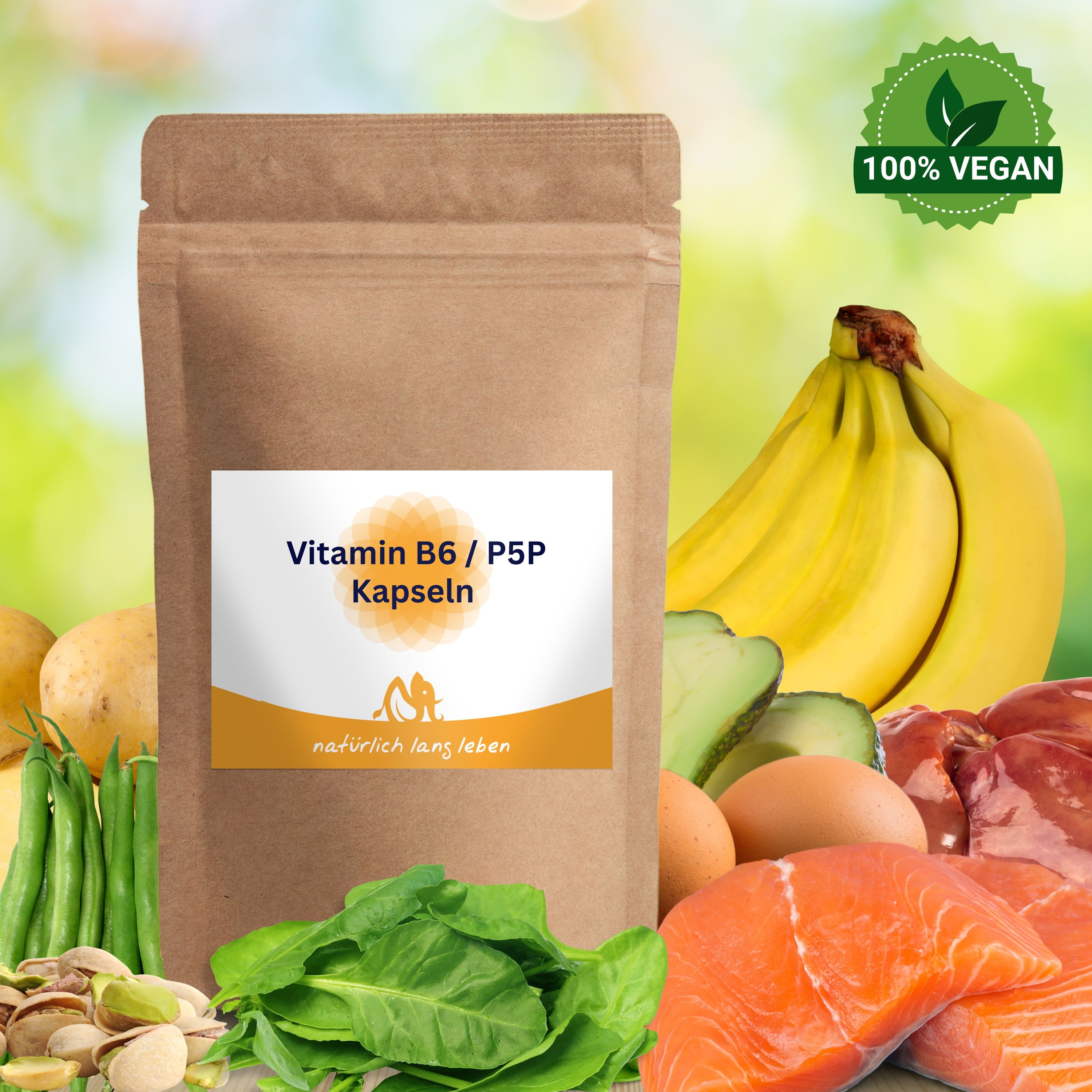 Braune Tüte mit Etikett. Aufschrift: Vitamin B6 / P5P Kapseln. Umgeben von Obst, Gemüse und veganem Logo.
