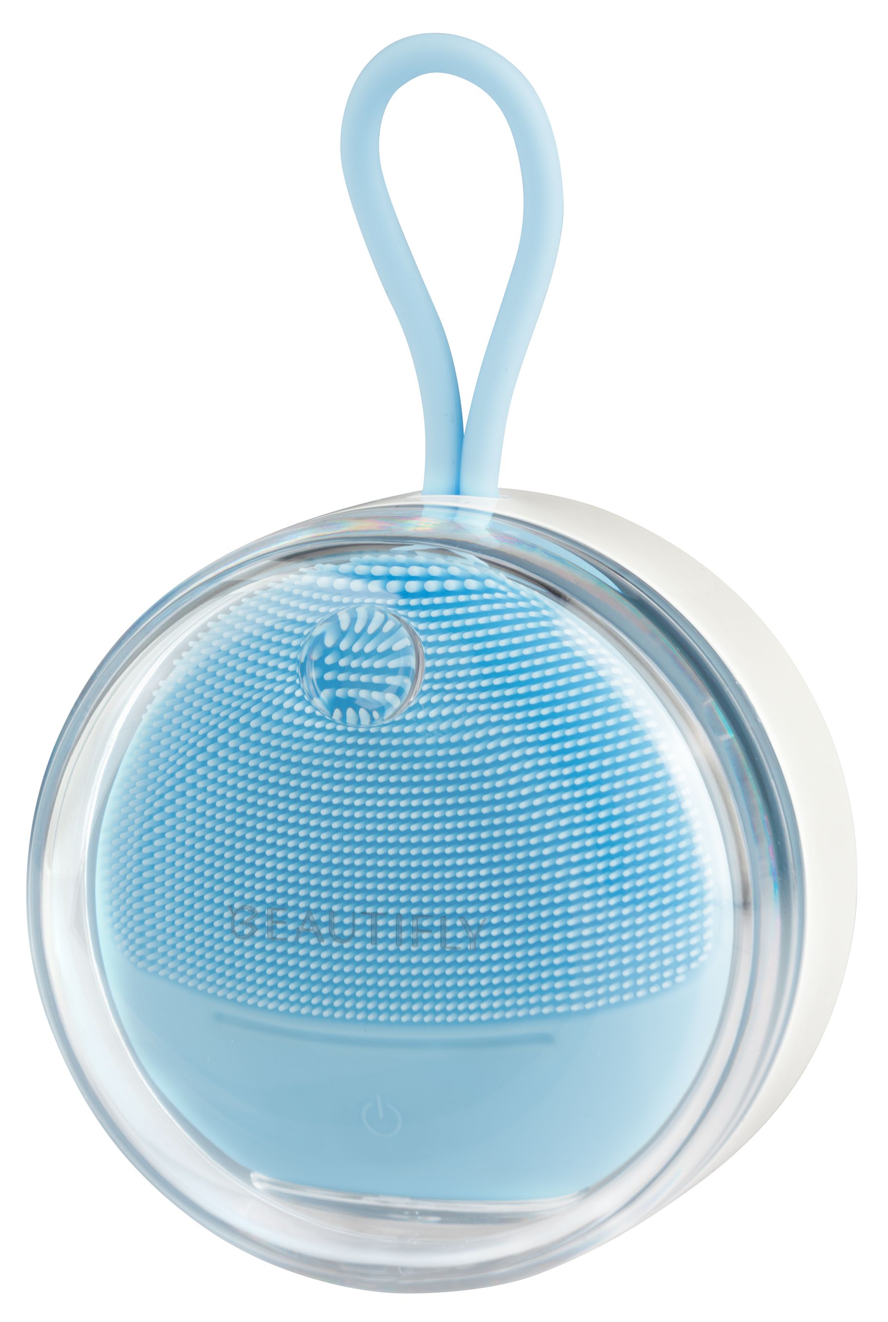 Hellblaue, runde Schall-Gesichtsbürste in einer transparenten Schutzhülle. Mit Silikonborsten und Aufhängeschlaufe.