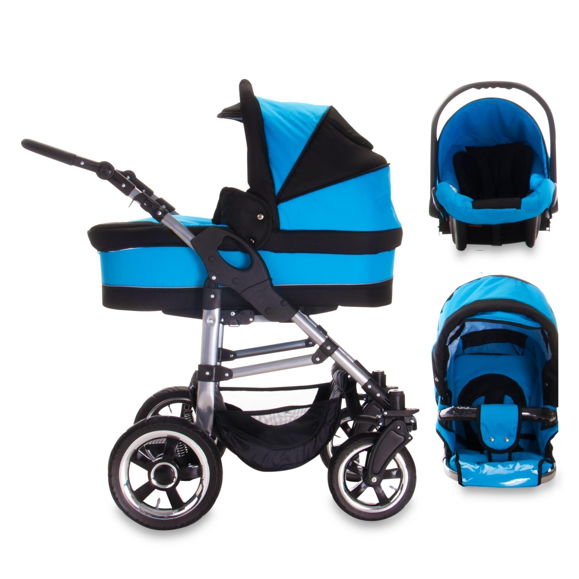 Kinderwagen-Set in Blau und Schwarz. Enthält Babywanne, Autositz und Buggy-Aufsatz. Luftreifen und Metallrahmen.