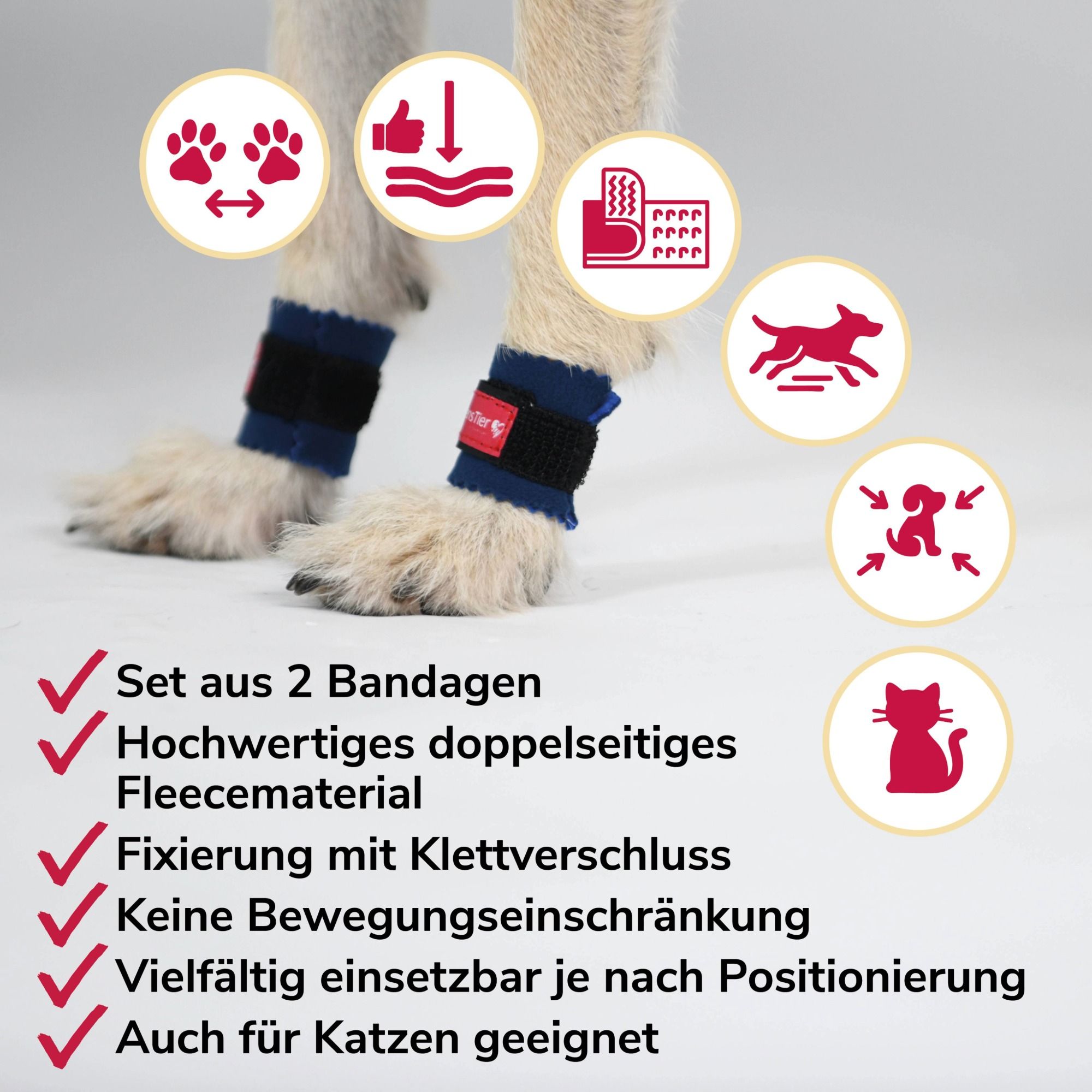 Blaue Bandagen am Hundebein. Text: Set aus 2 Bandagen, hochwertiges Fleece, Klettverschluss, keine Einschränkung, vielseitig, auch für Katzen.