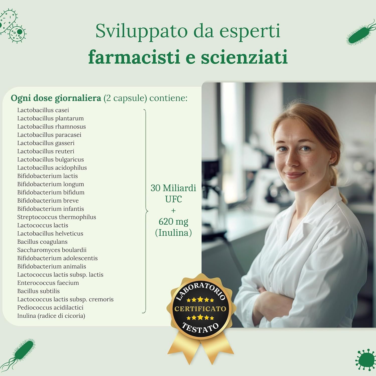 Donna in camice bianco. Scritta: Laboratorio certificato, testato. Contiene 30 miliardi di UFC e 620 mg di inulina. Marchio: Raibu natural.