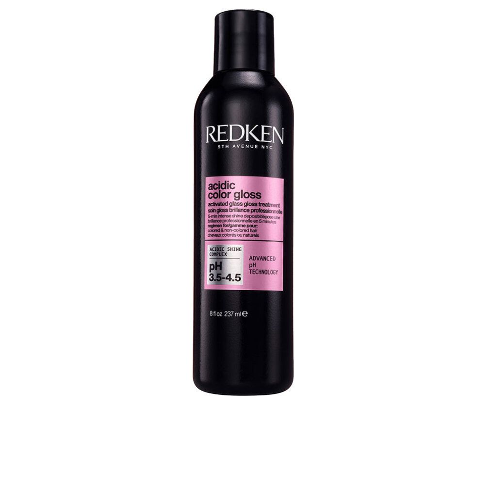 Schwarze Flasche mit rosa Etikett. Aufschrift: REDKEN, acidic color gloss, pH 3.5-4.5. 237ml.