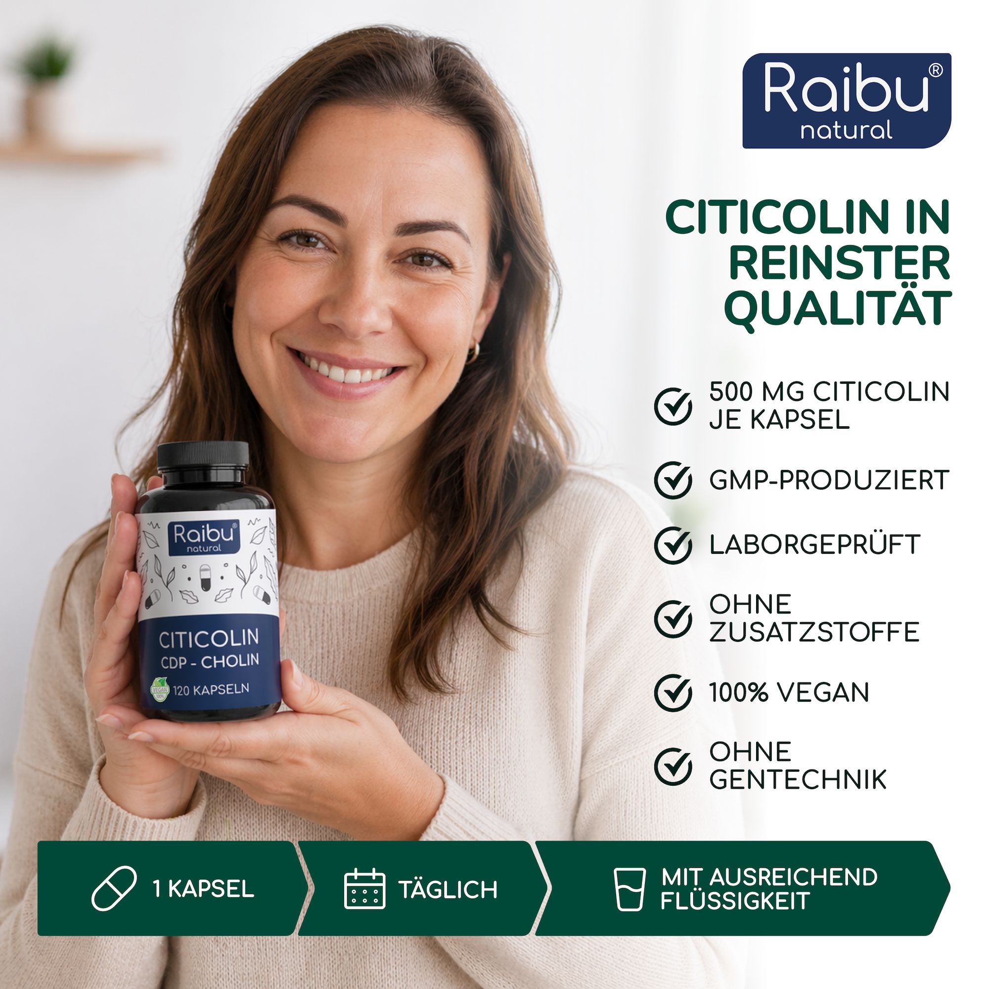 Frau hält Flasche Citicolin CDP-Cholin. Infos: 500 mg, GMP, Labor geprüft, vegan, ohne Zusatzstoffe.