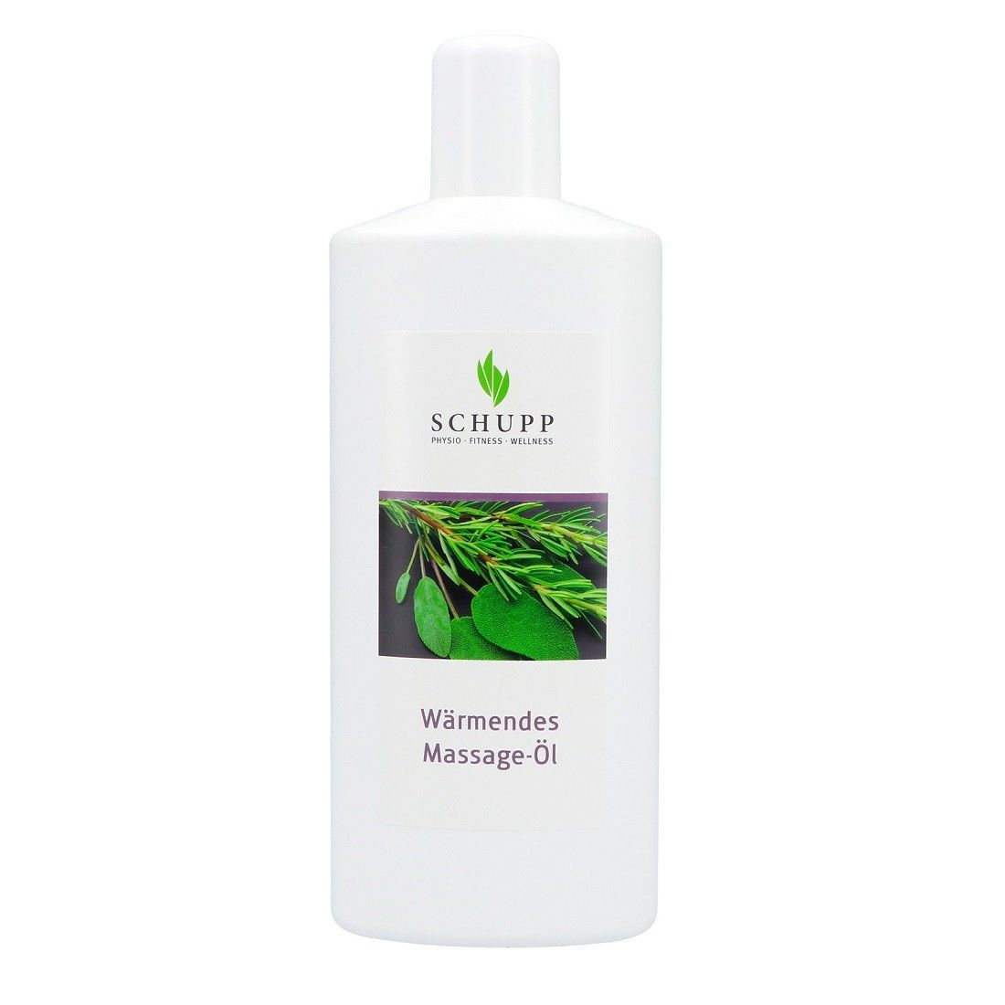 Weiße Flasche mit grünem Logo und Kräuterabbildung. Beschriftung: Schupp, Wärmendes Massage-Öl.