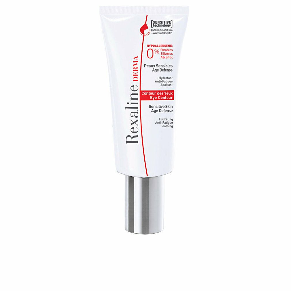 Weiße Tube mit silbernem Verschluss. Aufschrift: Rexaline Derma Eye Contour. Enthält Informationen zu Inhaltsstoffen und Zertifizierungen.