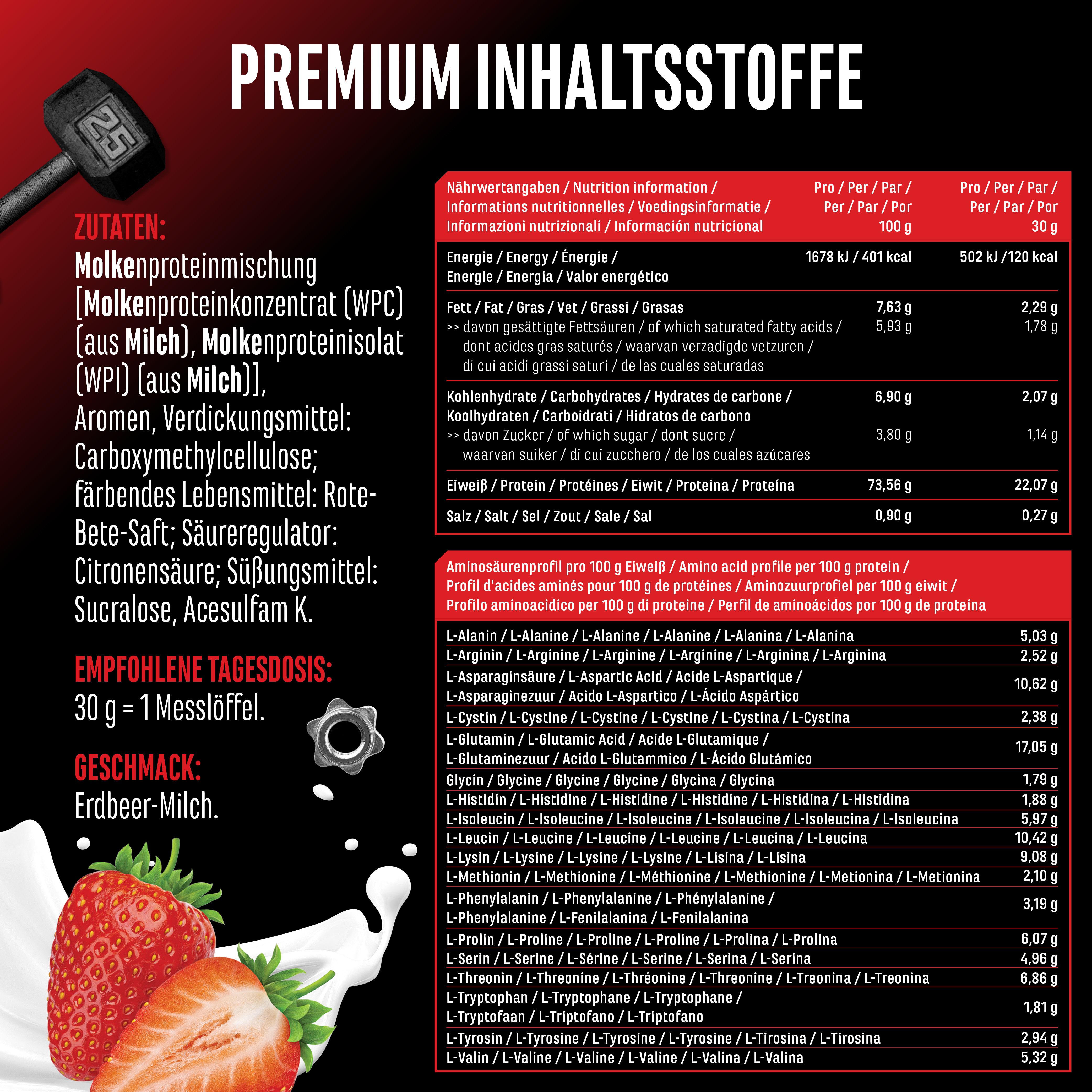 Nährwerttabelle und Zutatenliste für Whey Protein. Enthält Informationen zu Proteinen, Kohlenhydraten, Fetten und Aminosäuren.