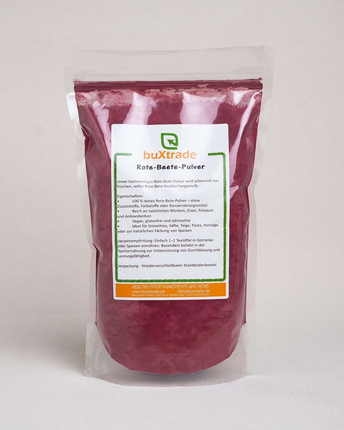 Verpackung mit buXtrade Rote-Bete-Pulver. Transparente Tüte, Etikett.
