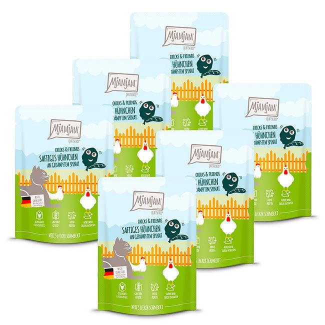 MjAMjAM - Quetschie Chicks & Friends saftiges Hühnchen an gedämpftem Spinat 6x300 g Futter