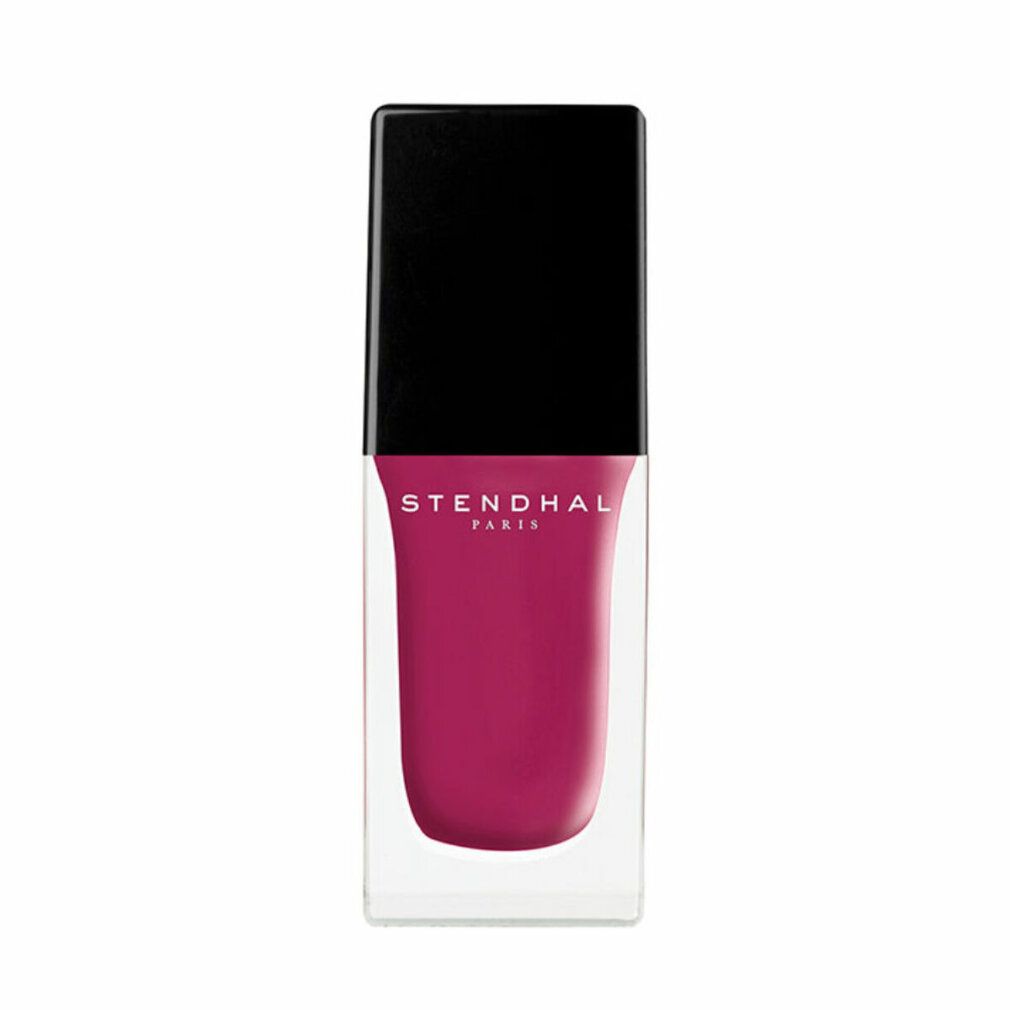 Nagellackflasche mit schwarzem Deckel. Der Lack ist pinkfarben. Auf der Flasche steht "STENDHAL PARIS".