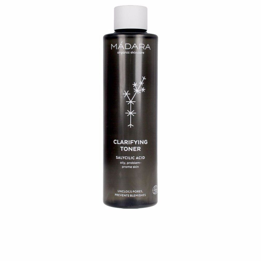 Dunkle Flasche mit weißem Deckel. Aufschrift: MÁDARA, Clarifying Toner, Salicylsäure, für fettige, problematische Haut. Kosmetik.