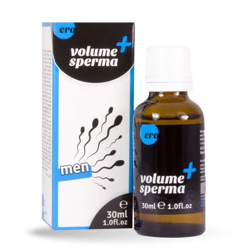 Produktflasche und Verpackung. Flasche braun, Verpackung weiß und blau. Produktbezeichnung "volume sperma" und Logo "ero".