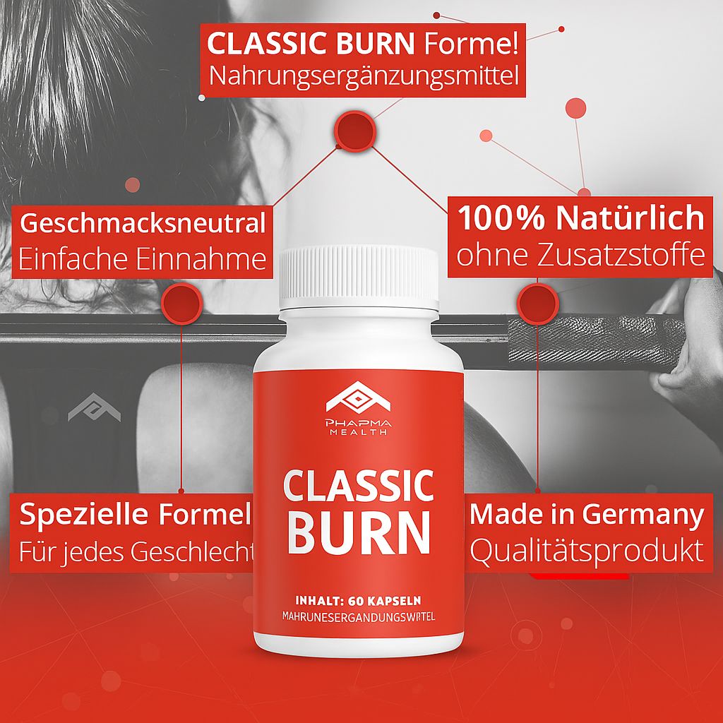 Weiße Flasche mit rotem Etikett. CLASSIC BURN, Pharma Health Logo. Zusätzliche Texte: 100% natürlich, Made in Germany, 60 Kapseln.