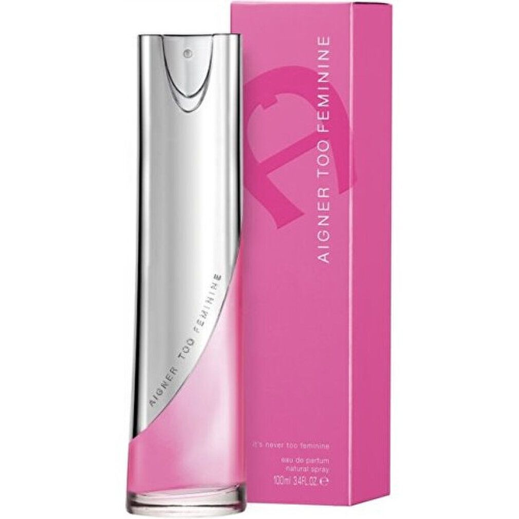 Rosa Flakon mit silberner Kappe und rosa Verpackung. Aufschrift: AIGNER TOO FEMININE. Eau de Parfum.
