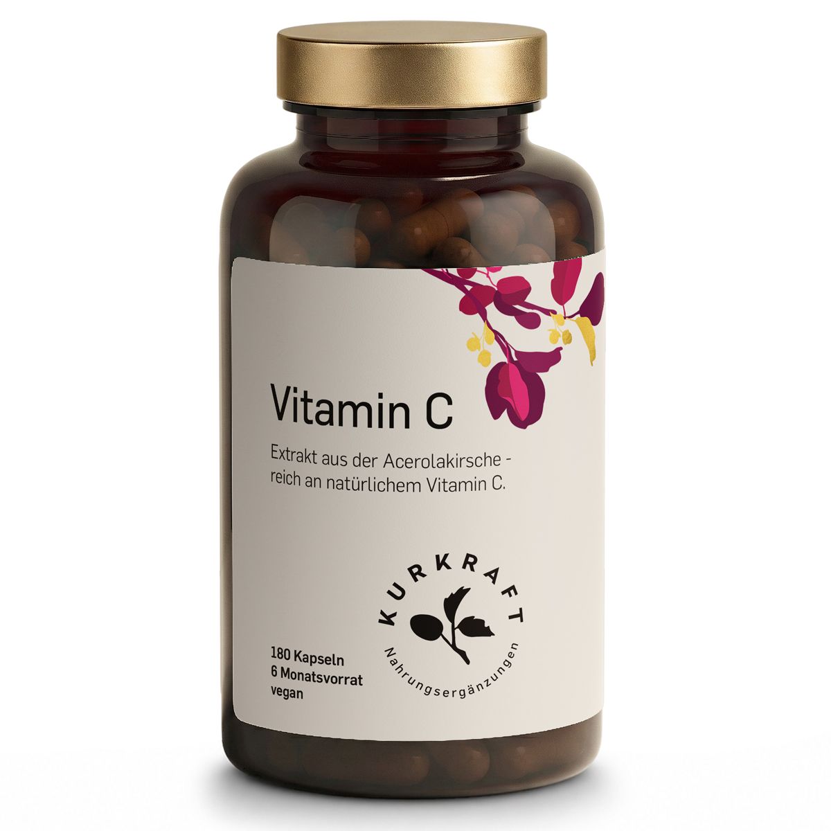 Braune Glasflasche mit Kurkraft Vitamin C aus Acerola Extrakt Etikett, 180 Kapseln.