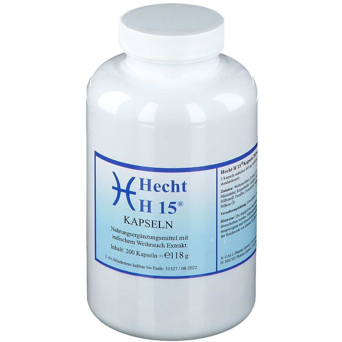 Weiße Flasche mit blauem Etikett. Aufschrift: Hecht H 15 Kapseln. Inhalt: 200 Kapseln.