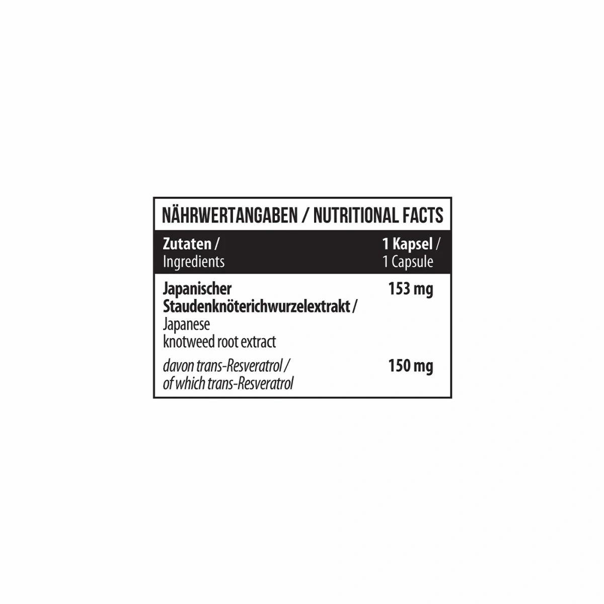 Tabelle mit Nährwertangaben. Zutaten: Japanischer Staudenknöterichwurzelextrakt, 153mg, davon trans-Resveratrol 150mg.