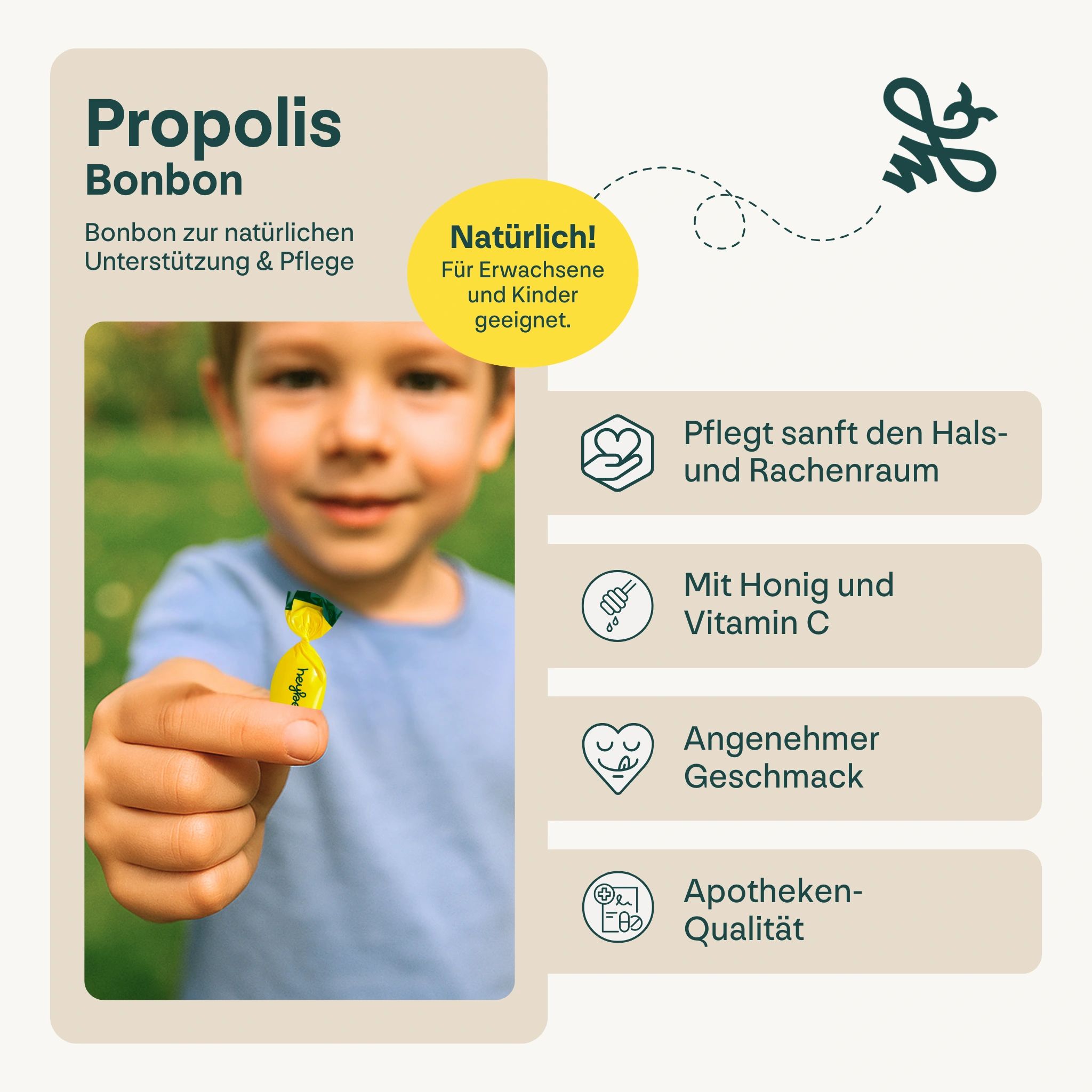 Kind hält Heybee Propolis Bonbon. Text: Propolis Bonbon, für Erwachsene und Kinder geeignet. Apotheken-Qualität. Mit Honig und Vitamin C.