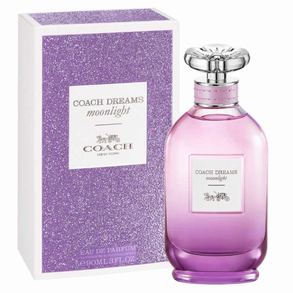 Flakon und Schachtel. Flakon rosa-violett, silberner Verschluss. Schachtel mit Glitzereffekt, Text: Coach Dreams Moonlight.