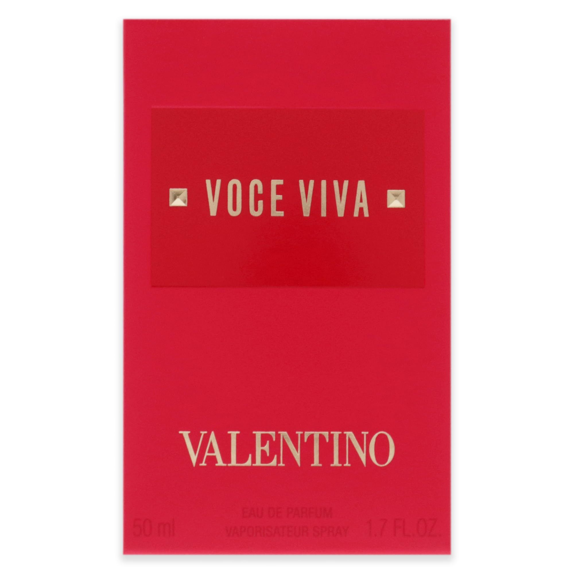 Rote Verpackung mit goldfarbenem Schriftzug "VOICE VIVA" und "VALENTINO". 50 ml, 1.7 FL. OZ. Eau de Parfum.