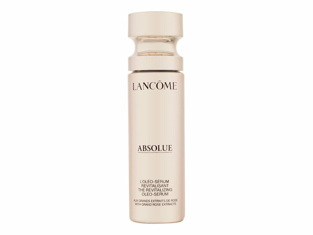 Cremefarbene Flasche mit Lancôme Absolue L'Oléo-Serum. Text: L'Oléo-Serum, The Revitalizing Oleo-Serum, Aux Grands Extraits de Rose.
