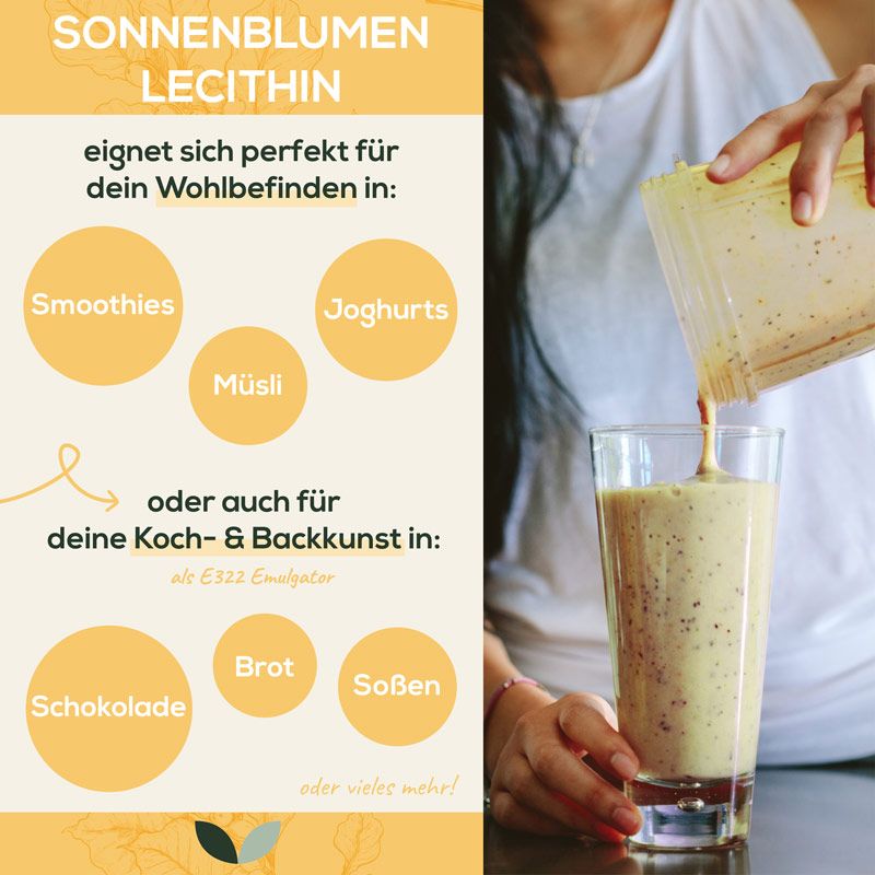 Person gießt Lecithin in ein Glas. Text: Smoothies, Joghurt, Müsli, Schokolade, Brot, Soßen. Sanutrition Sonnenblumen Lecithin.