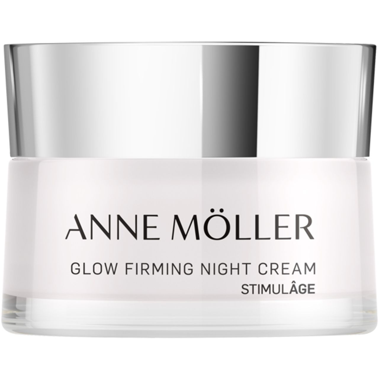 Creme-Tiegel mit silbernem Deckel. Aufschrift: ANNE MÖLLER, GLOW FIRMING NIGHT CREAM, STIMULÂGE.