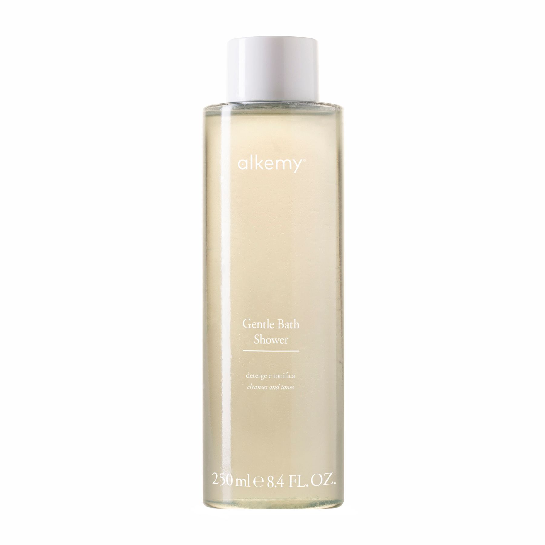 Alkemy Duschgel in klarer Flasche mit weißem Verschluss, 250ml.