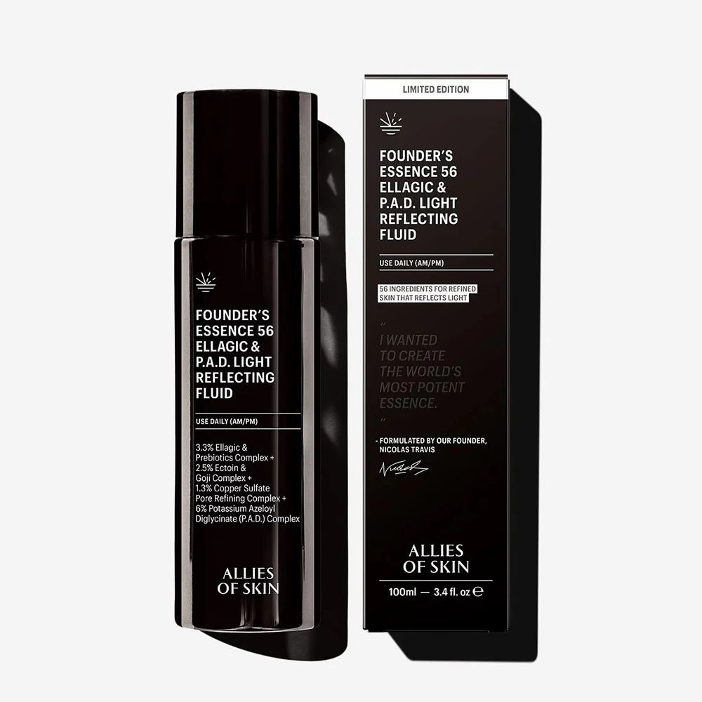 Schwarze Flasche und Kartonverpackung des Founder's Essence 56 mit Produktinformationen.