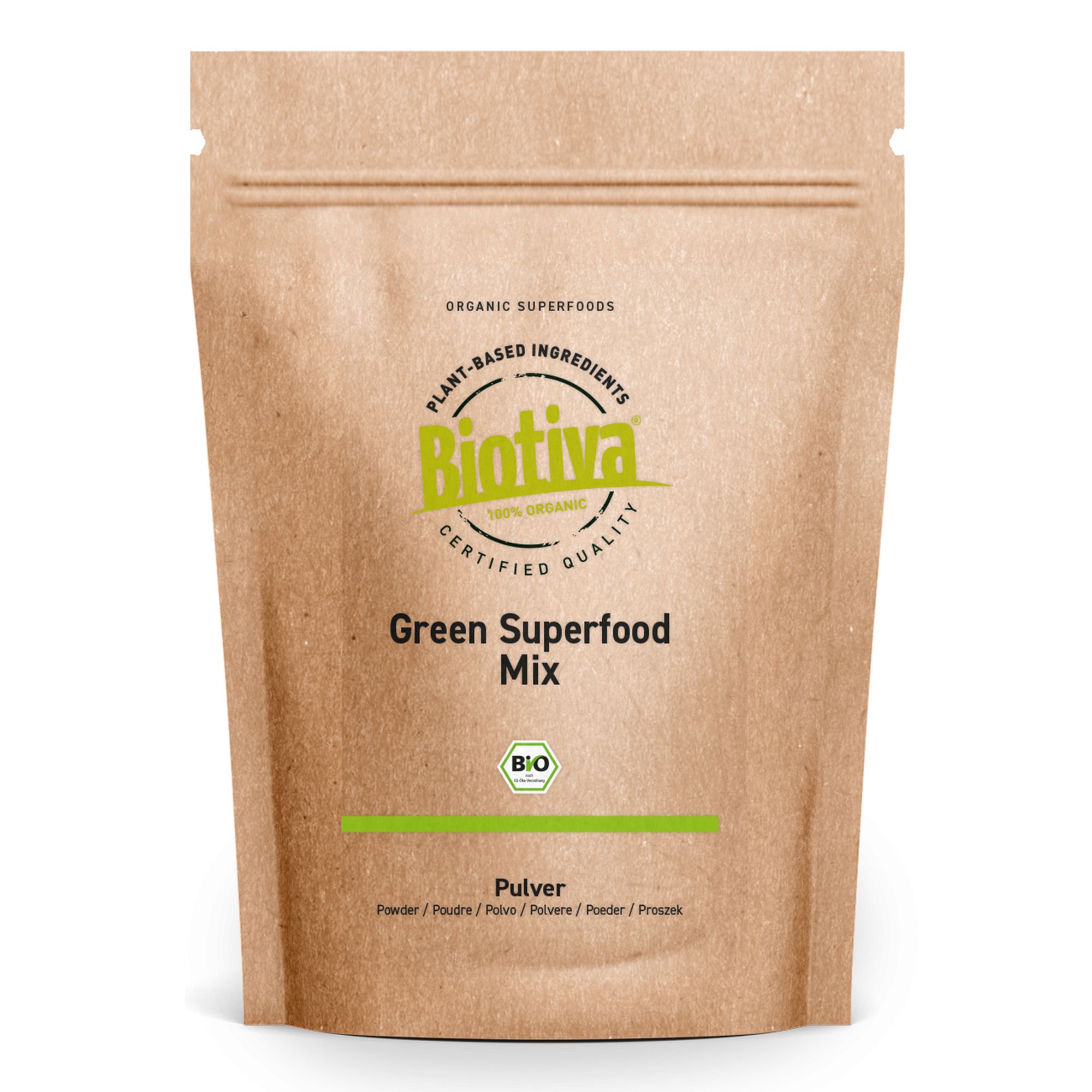 Beutel mit Biotiva-Logo und Aufschrift 'Green Superfood Mix'. Bio-Siegel. Braune Papierverpackung.