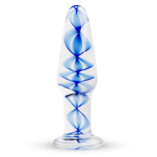 Glas Analplug mit blauem Spiralmuster. Konische Form mit breiter Basis.