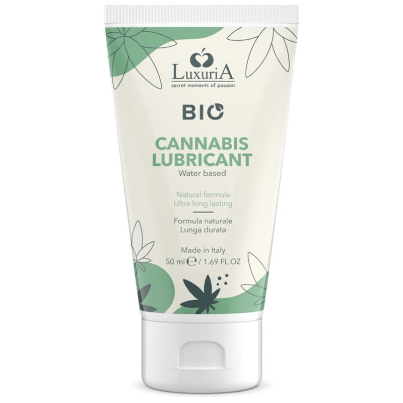 Tube mit Produktaufschrift: BIO Cannabis Lubricant. Grün-weißes Design, Schriftzug 'LuxuriA'. Volumen: 50 ml.