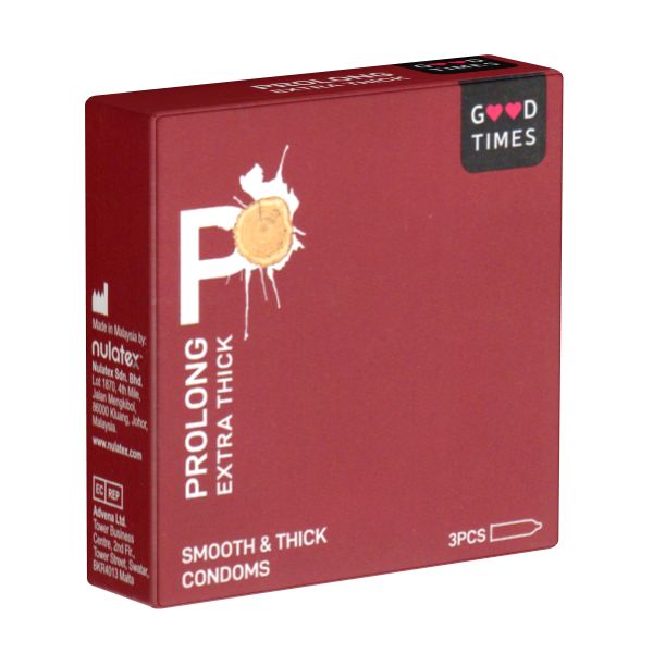 Rote Schachtel mit "Good Times"-Logo. Aufschrift: "Prolong Extra Thick", "Smooth & Thick Condoms", 3 Stück.