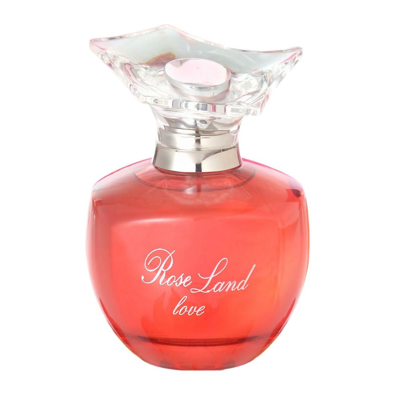 Runder, roter Flakon mit silbernem Hals und transparentem, blütenförmigem Verschluss. Aufschrift: Rose Land love.