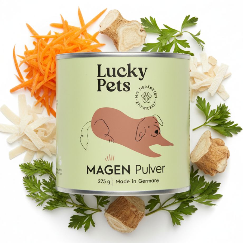 Dose Lucky Pets Magenpulver, 275g. Mit Illustration eines Hundes. Umgeben von Gemüse und Kräutern.