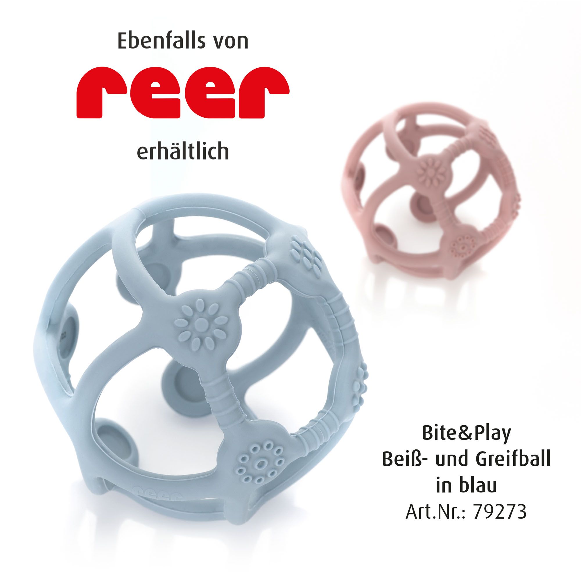 Ein blauer und ein rosafarbener Beiß- und Greifball von reer. Der blaue Ball ist vorne abgebildet.