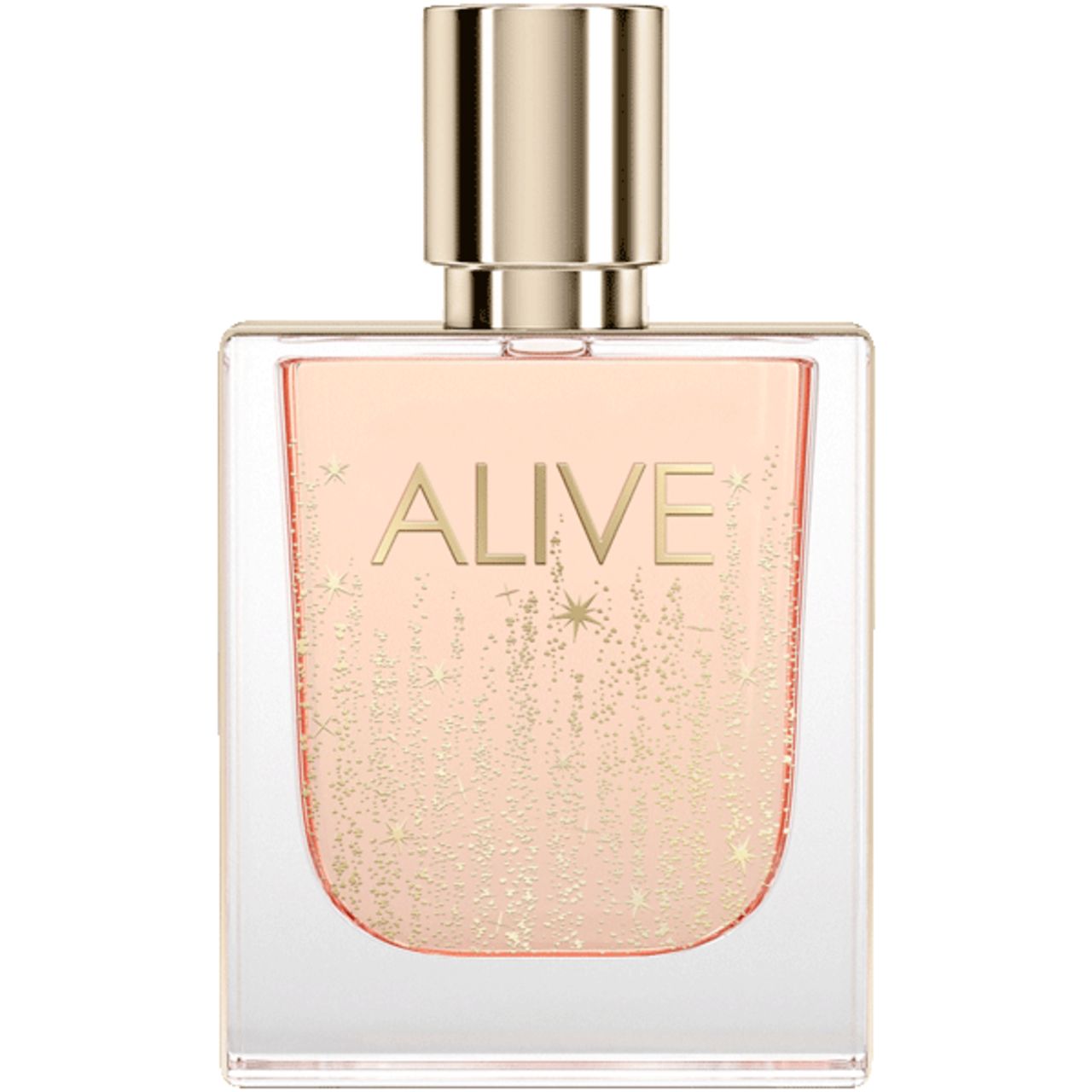 Quadratischer Flakon mit goldfarbenem Verschluss. Aufschrift "ALIVE". Rosa Flüssigkeit mit Glitzerpartikeln.