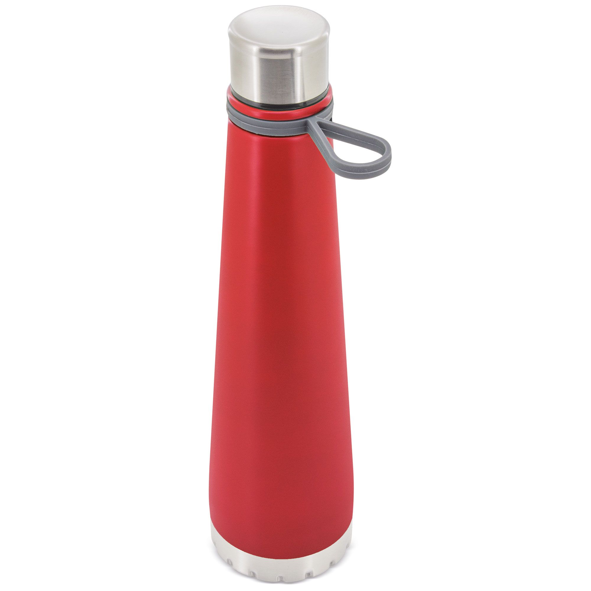 Rote, konische Trinkflasche mit silbernem Deckel und grauem Tragegriff. Edelstahl-Optik.